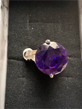 Rhodium Plated Cubic Zirconia Silver Ring with Large Purple Center Stone